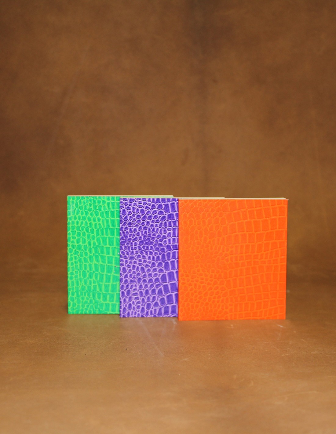 Carnets fantaisies 8.5x9.5cm. Motif crocodile. Vert, violet, orange